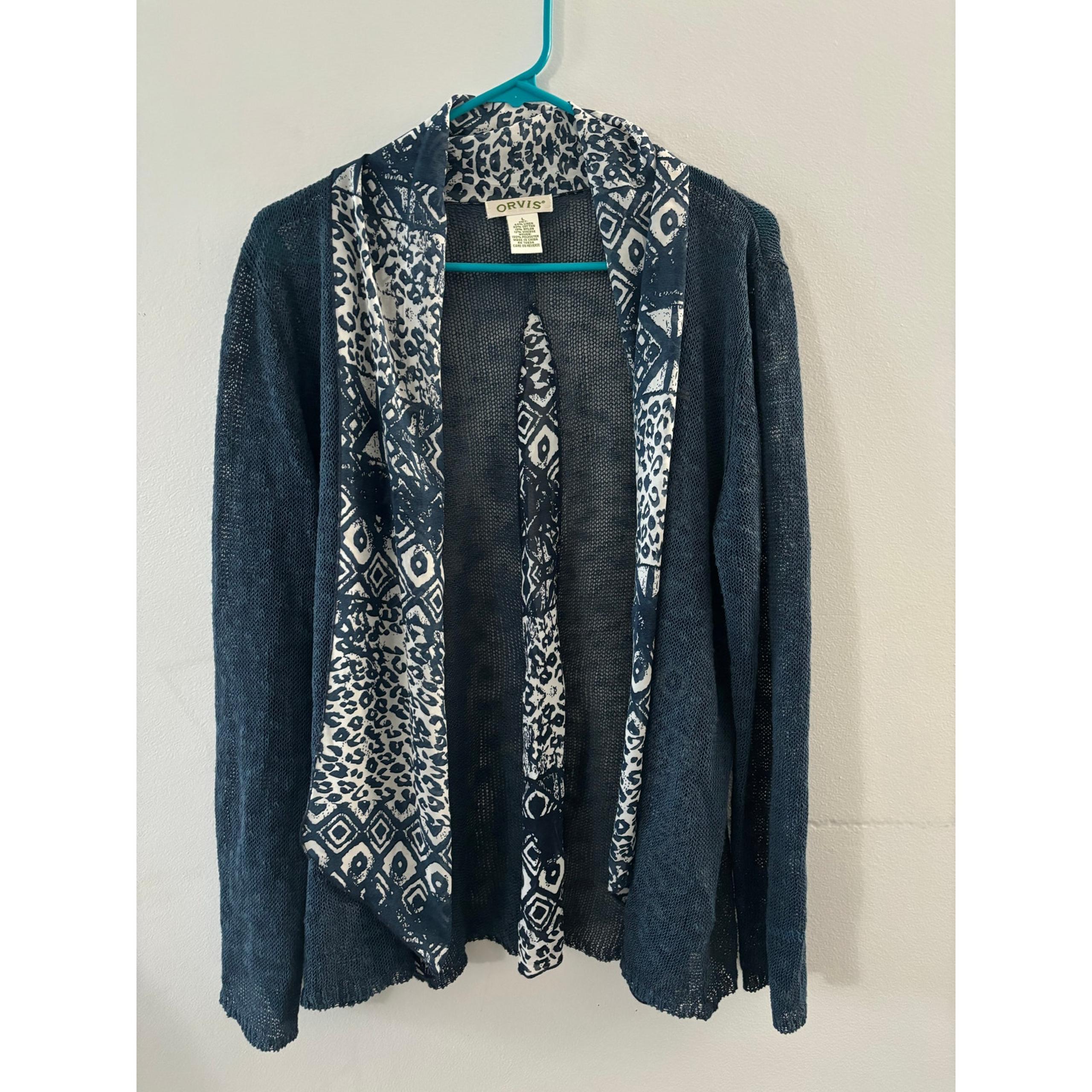 Orvis Sweater Womens Large Blue Linen Cardigan Coastal Grandma Knit Beachy