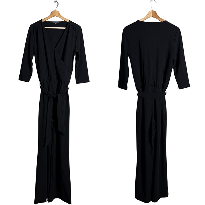 Boston Proper Tie Waist Wide Leg Jumpsuit Womens Small Black V-Neck Stretch NWOT