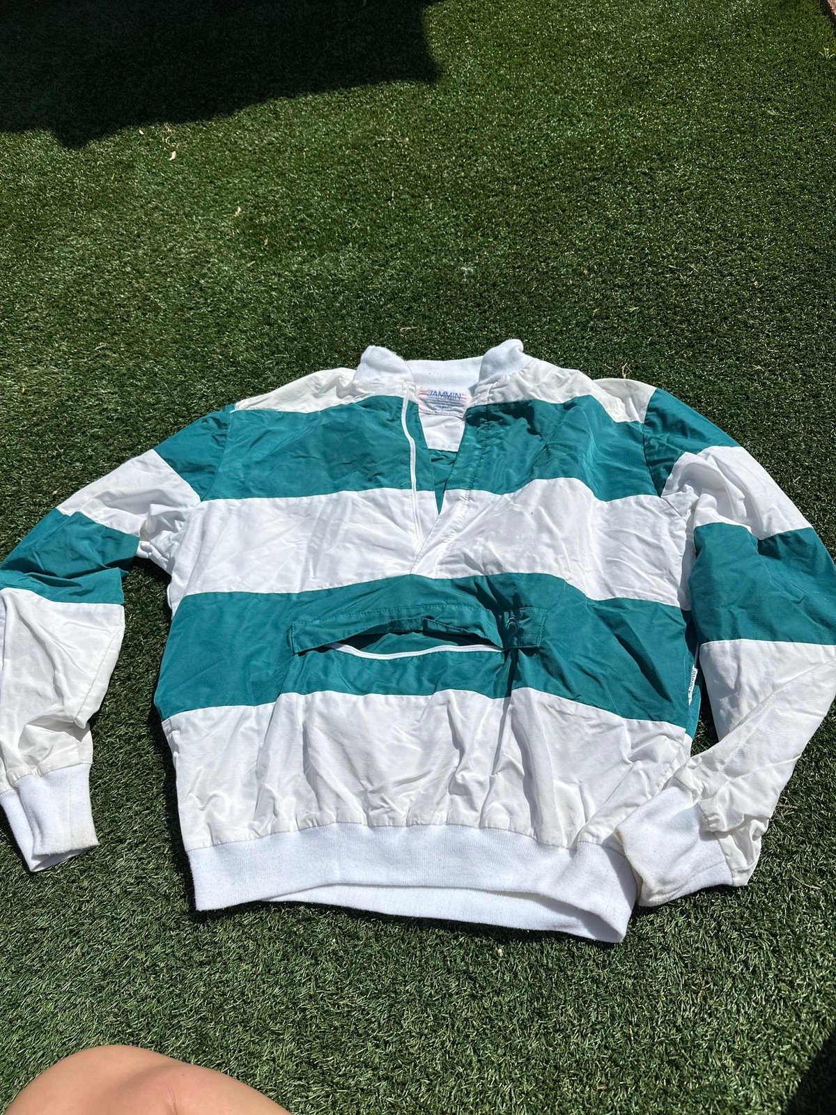 Vintage Jammin Pullover Jacket Windbreaker White Teal Strips Size