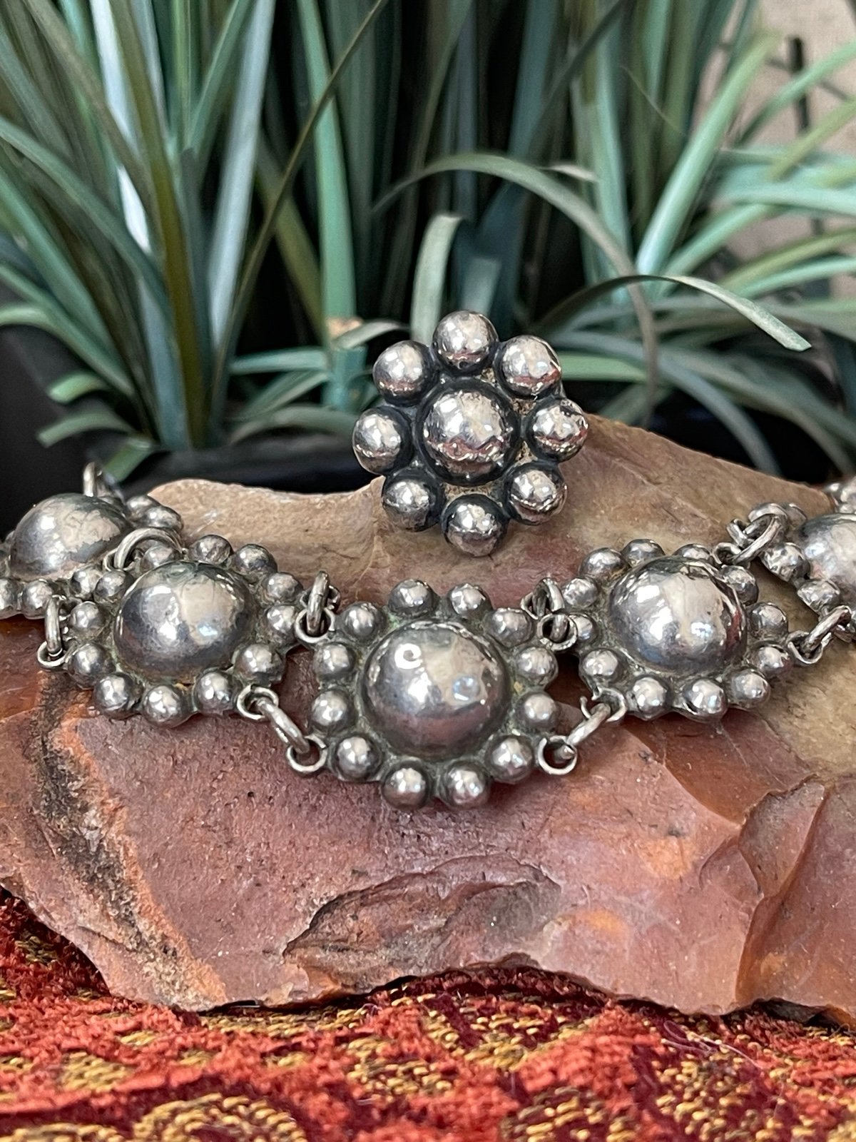 Vintage Sterling Mexico Domed Flower Bracelet and Ring Set