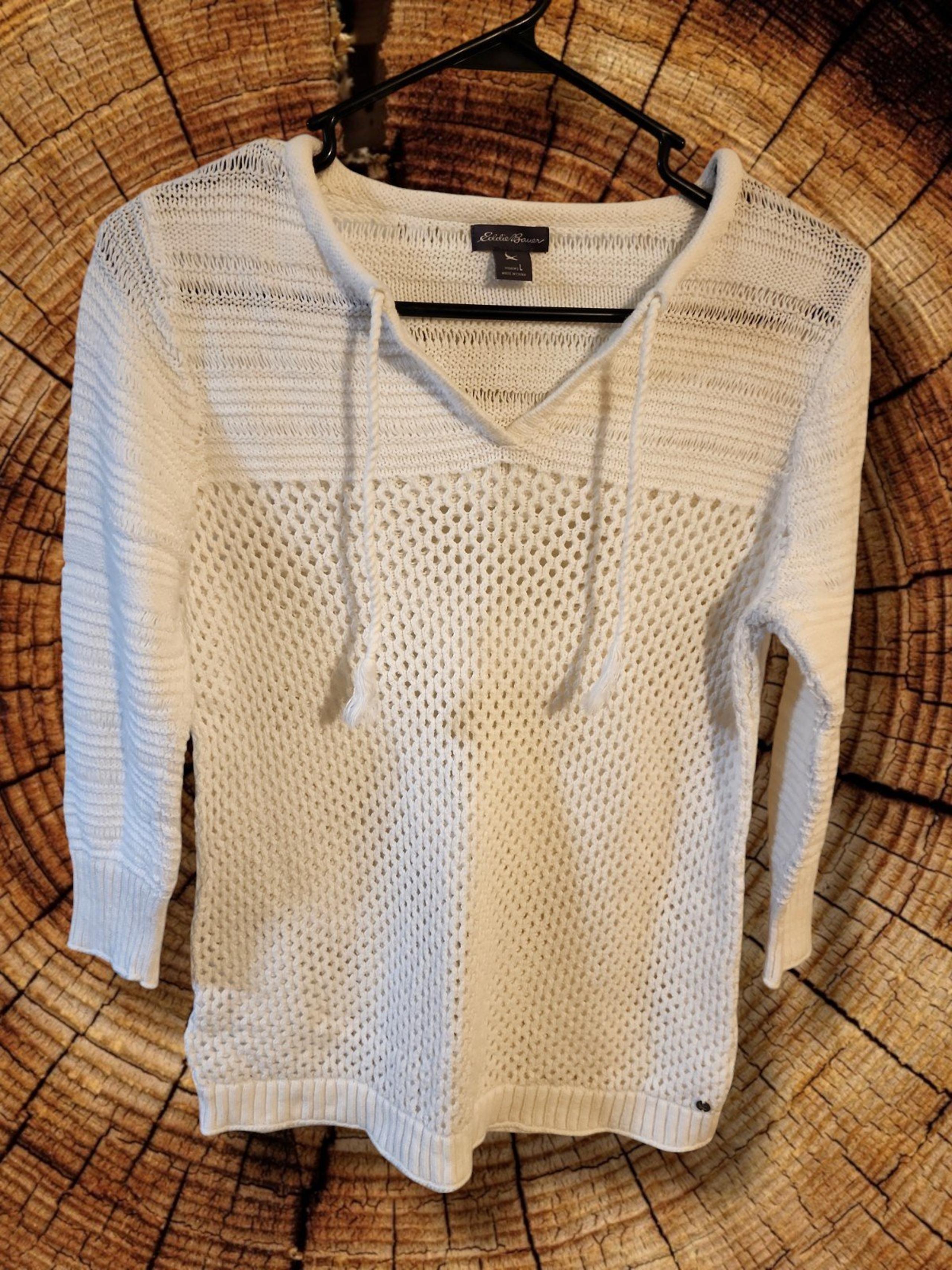 Eddie Bauer Women Sweater Tan Open Knit Cotton Linen Pullover Size Large