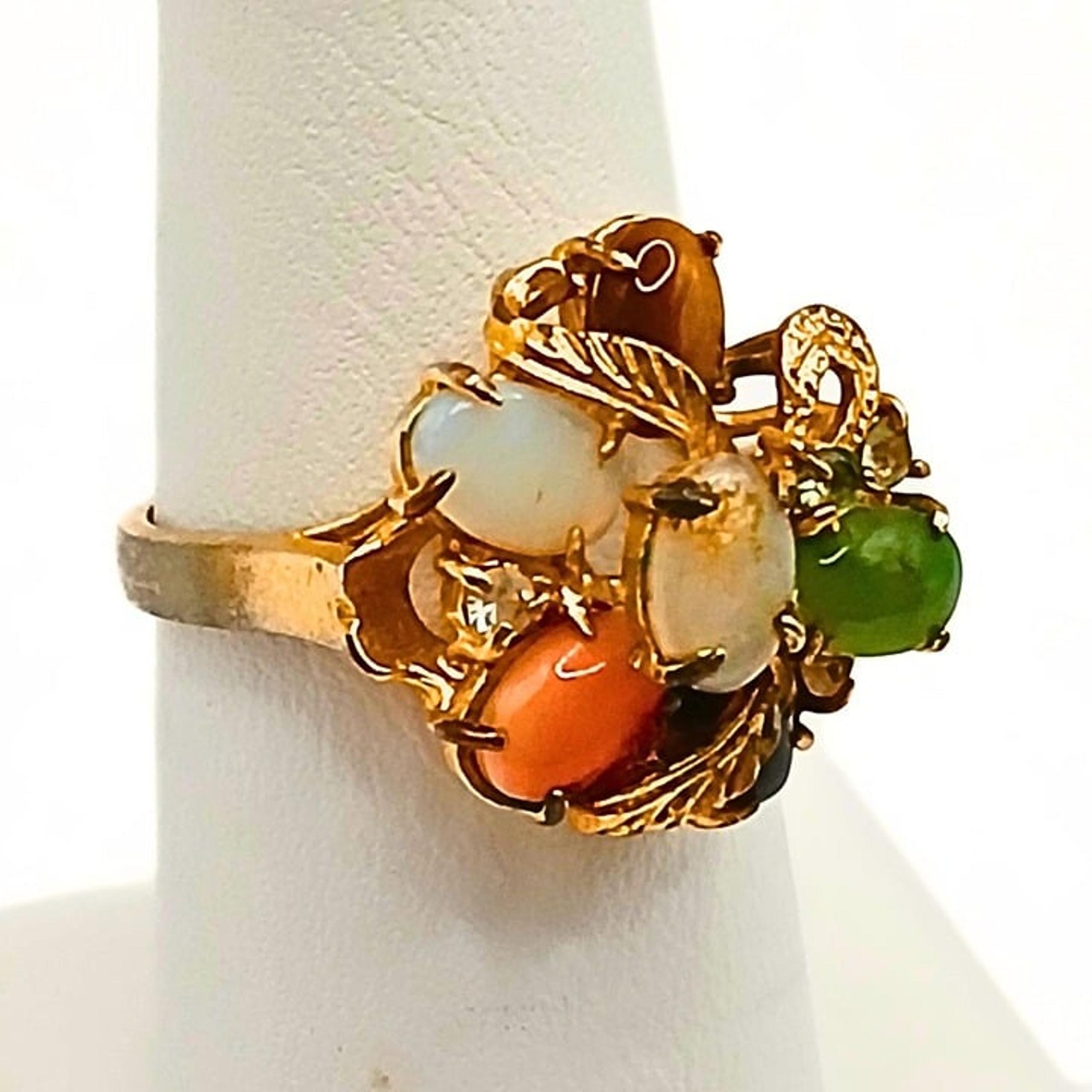 VTG Womens Jade Ring Gold Plated Size 6.5 Cabochon Leaf Coral Opalite Onyx