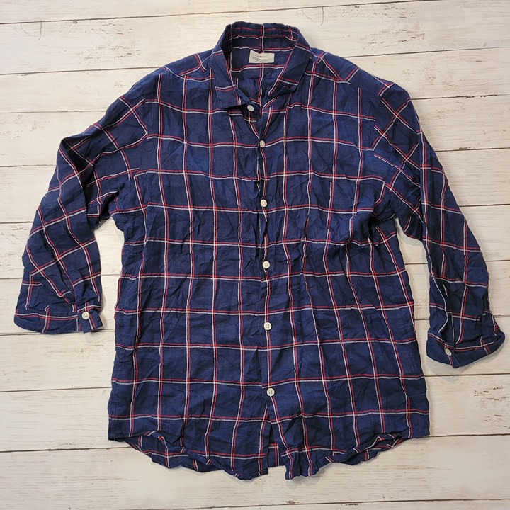 Mens Pure Linen Urban Research Shirt Large Blue Plaid Grid Button Up