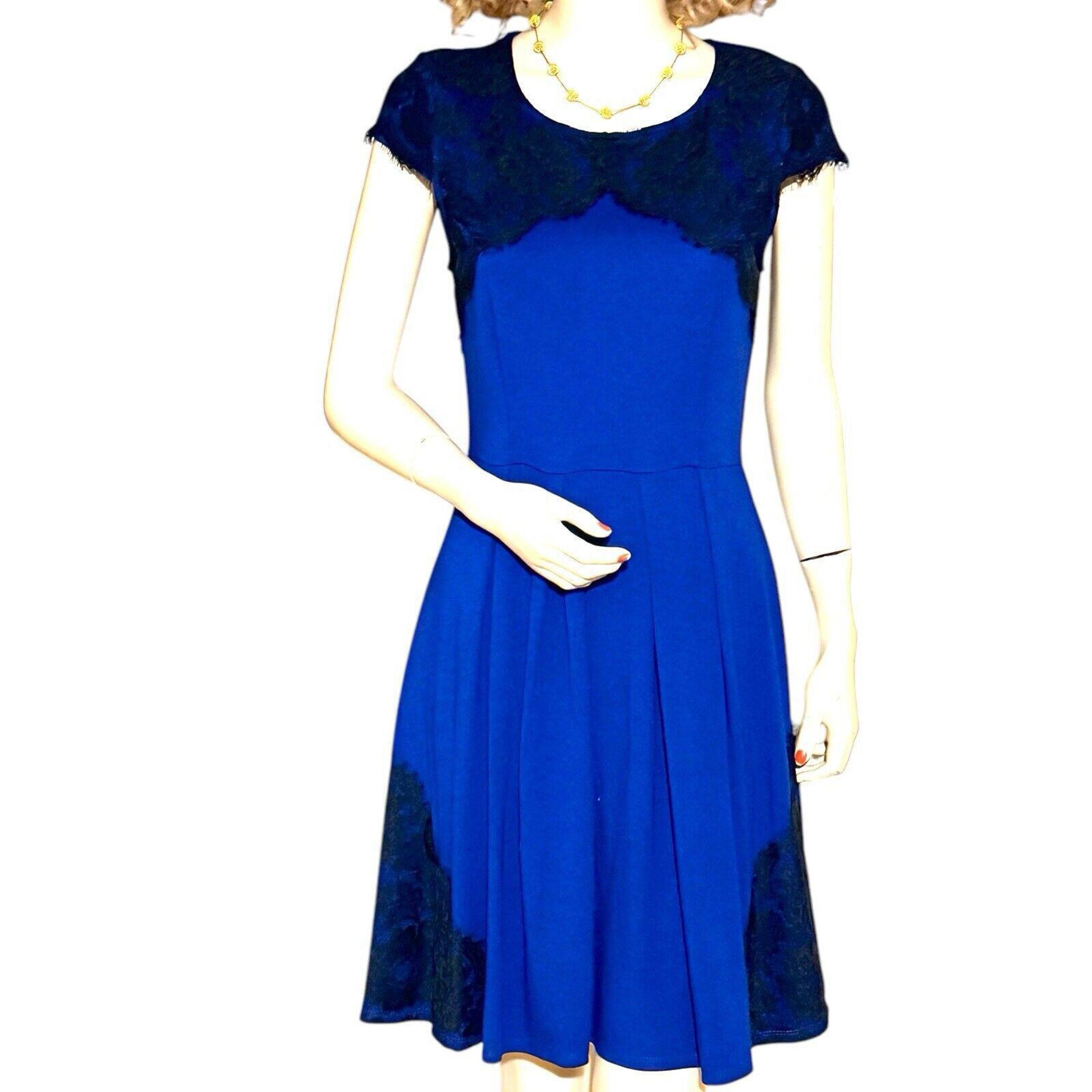 NWT YA Los Angeles Dark Cobalt Blue W/ Black Lace Trim Skater Dress Sz M