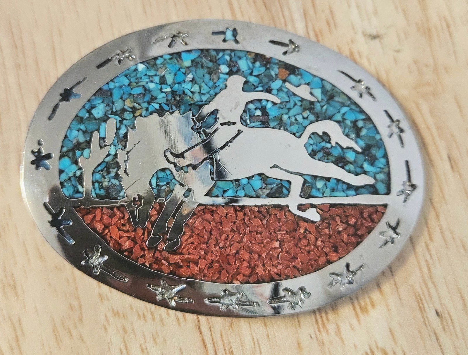 Bronco Rider Belt Buckle Silvertone Vintage With Turquoise & Coral