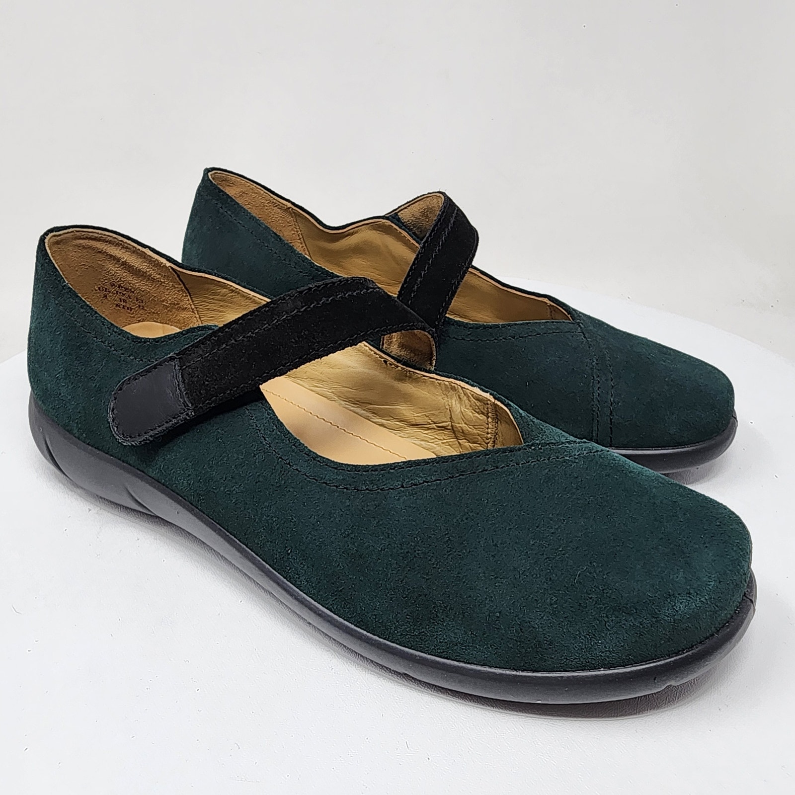 Hotter Wren Mary Jane Women 10 Green Suede Black Strap Flat Comfort Shoes