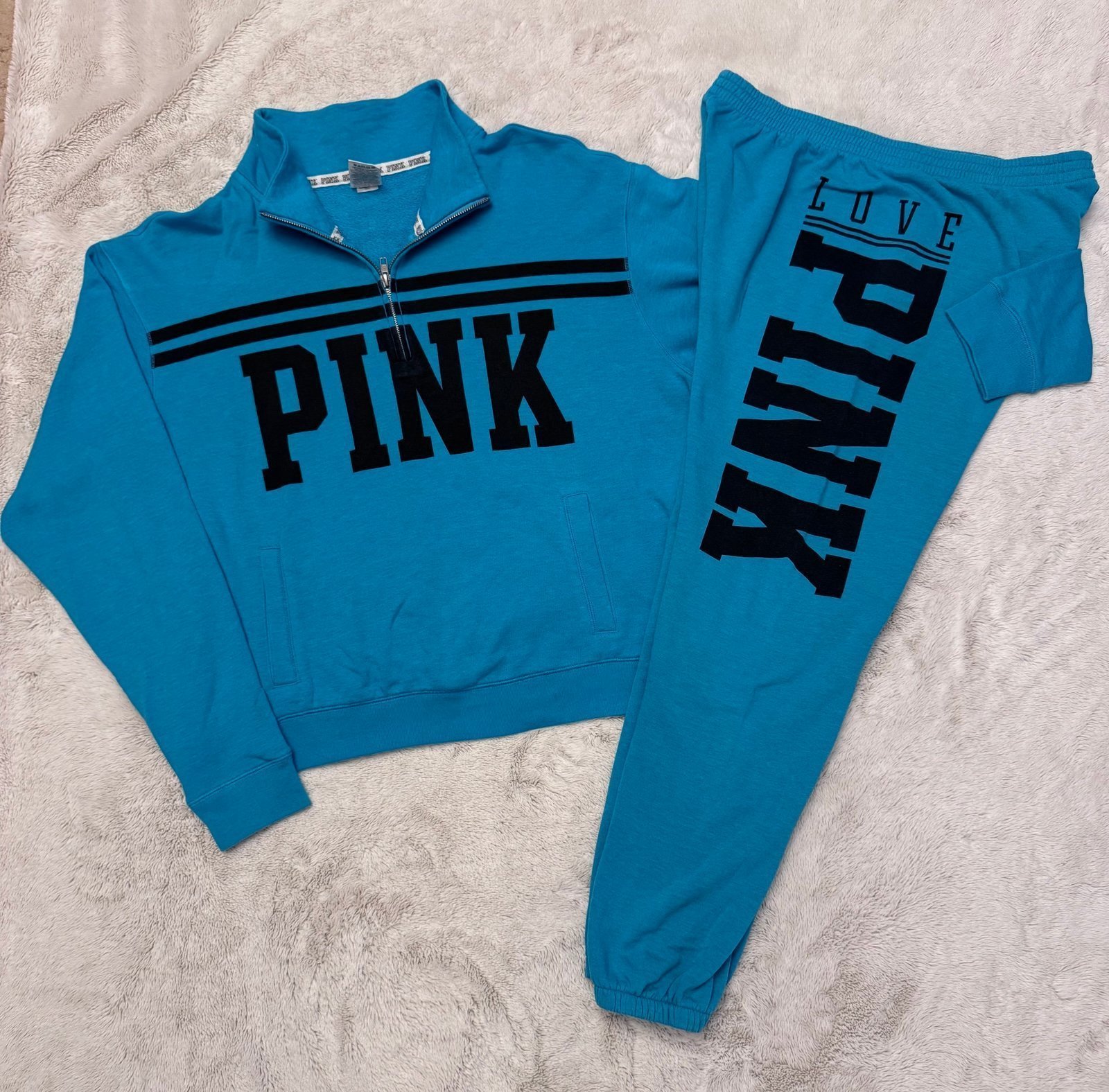 VS PINK VINTAGE OUTFIT 1/2 ZIP SWEATSHIRT & SWEATPANTS TEAL BLUE BLACK LOGO HTF