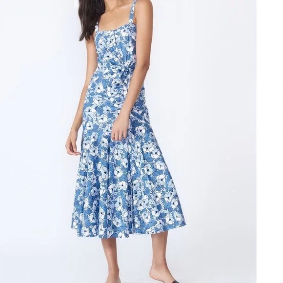 VERONICA BEARD Women’s Marena Ruched Waist Tie Floral Midi Dress Blue White Sz 4