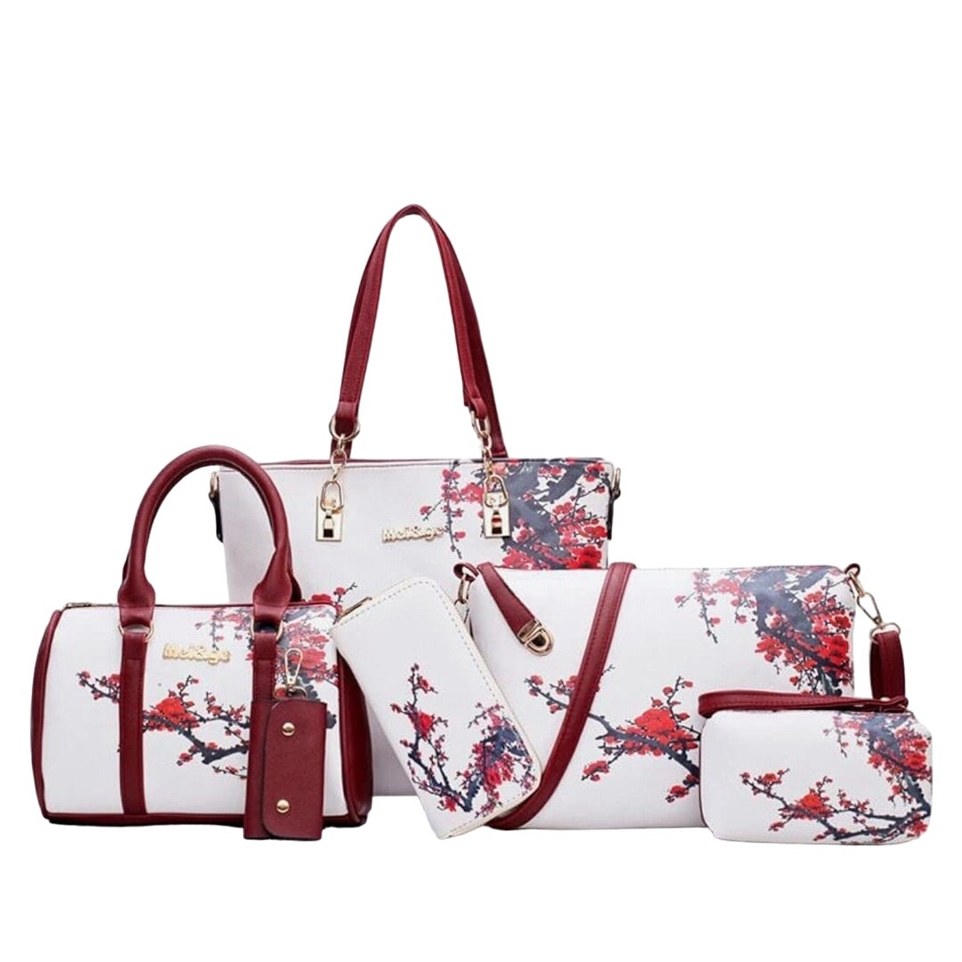 Women Floral Print 6PCS Handbag and Purse Set Leather Shoulder Tote Work Satchel
