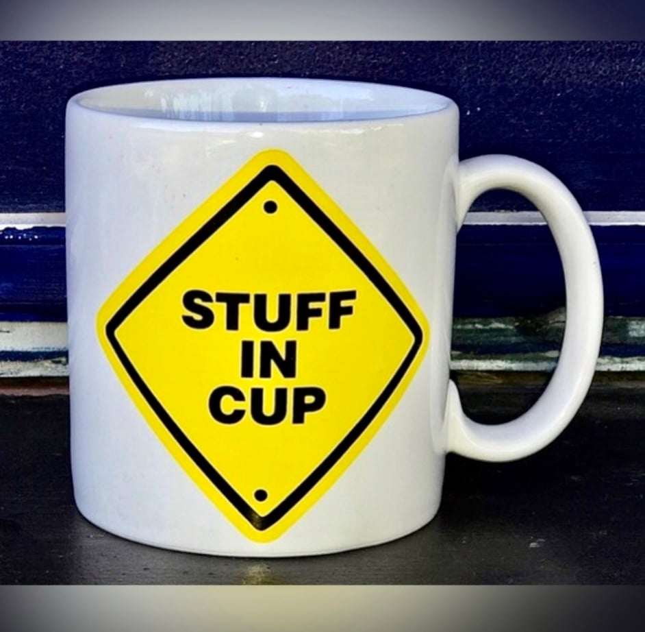 Ultra Rare Vintage 1980s Applause STUFF IN CUP Yellow White Porcelain Coffee Cup