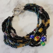 Black Multi Strand Beaded Bracelet Seed Beads Multicolor Boho Funky Statement