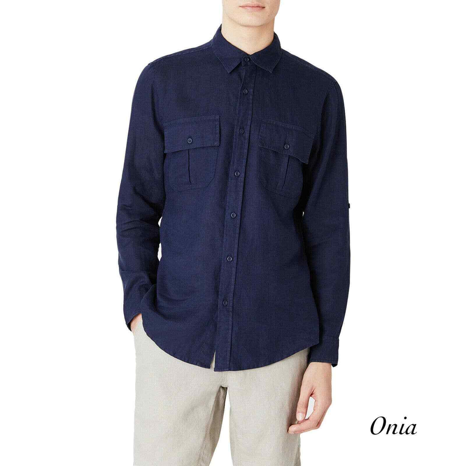 Onia Garrett Solid Deep Navy Linen Button Up Shirt NWT Size M