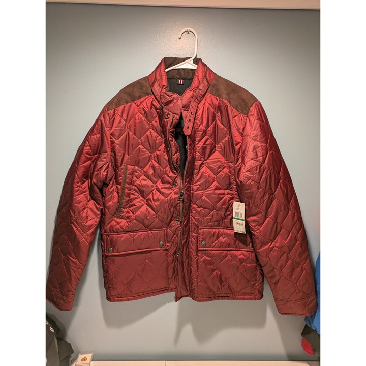 Tommy Hilfiger Men's Quilted Jacket Burgundy Brown Faux Suede Size L NWT