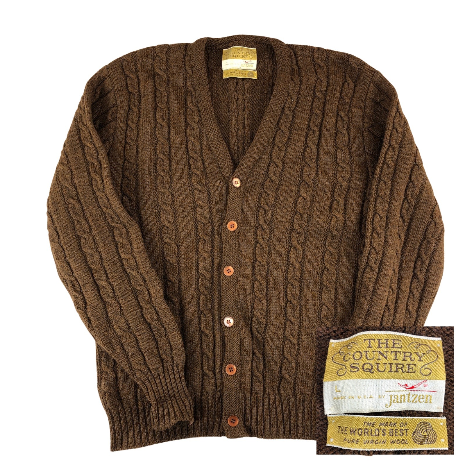VTG Jantzen The Country Squire Wool Cardigan Sweater Womens Large Brown Cable
