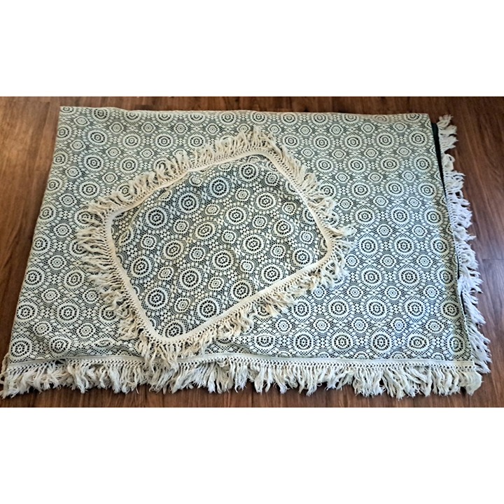 Vintage Queen / King Crochet Lace Bedspread W Sham Ivory Green Fringe 111x76