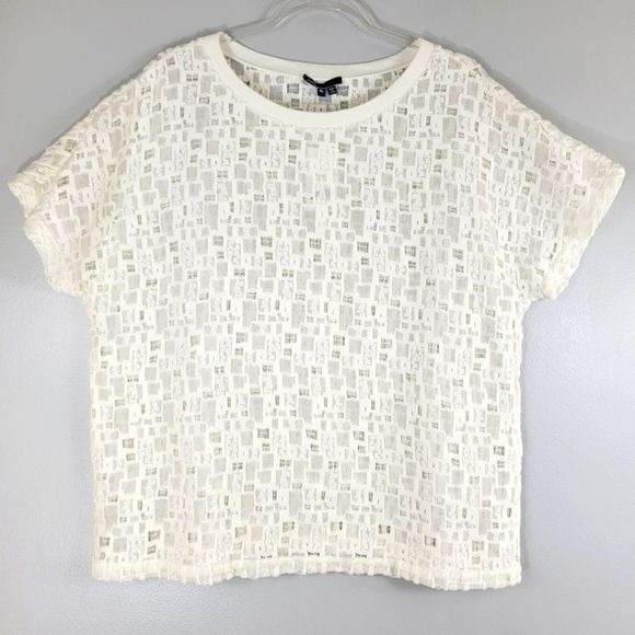 VINCE white cotton semi-sheer textured knit classic pullover short sleeve tshirt