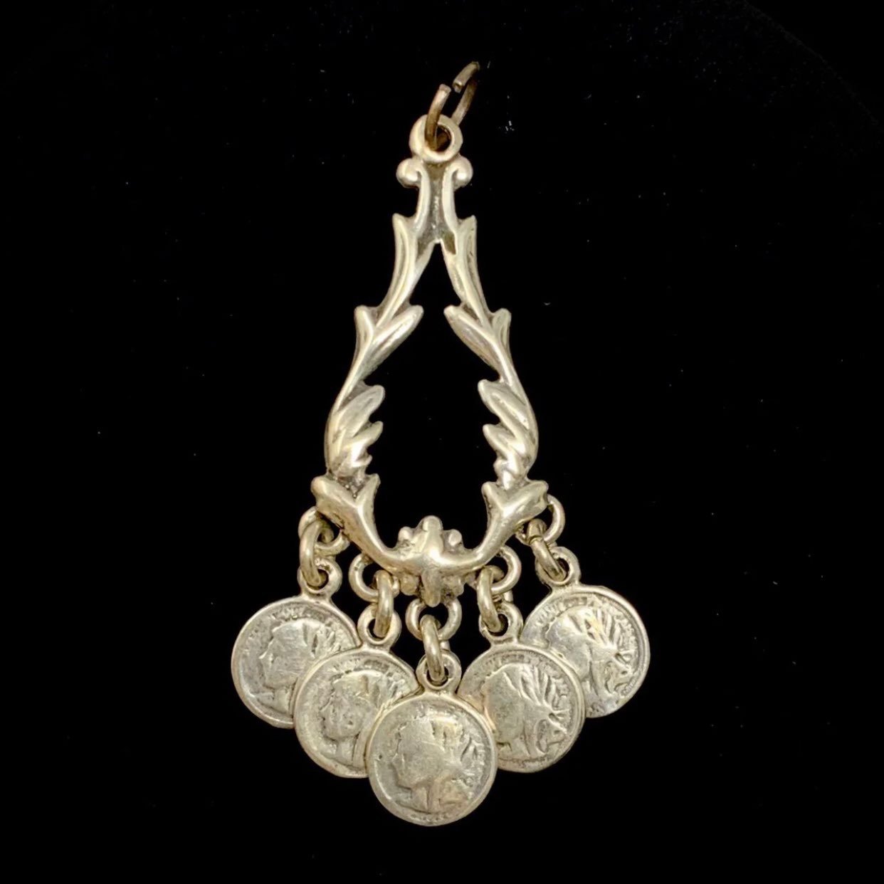 Vintage Sterling Silver Ornante Flourish Design Dangle Coin Pendant