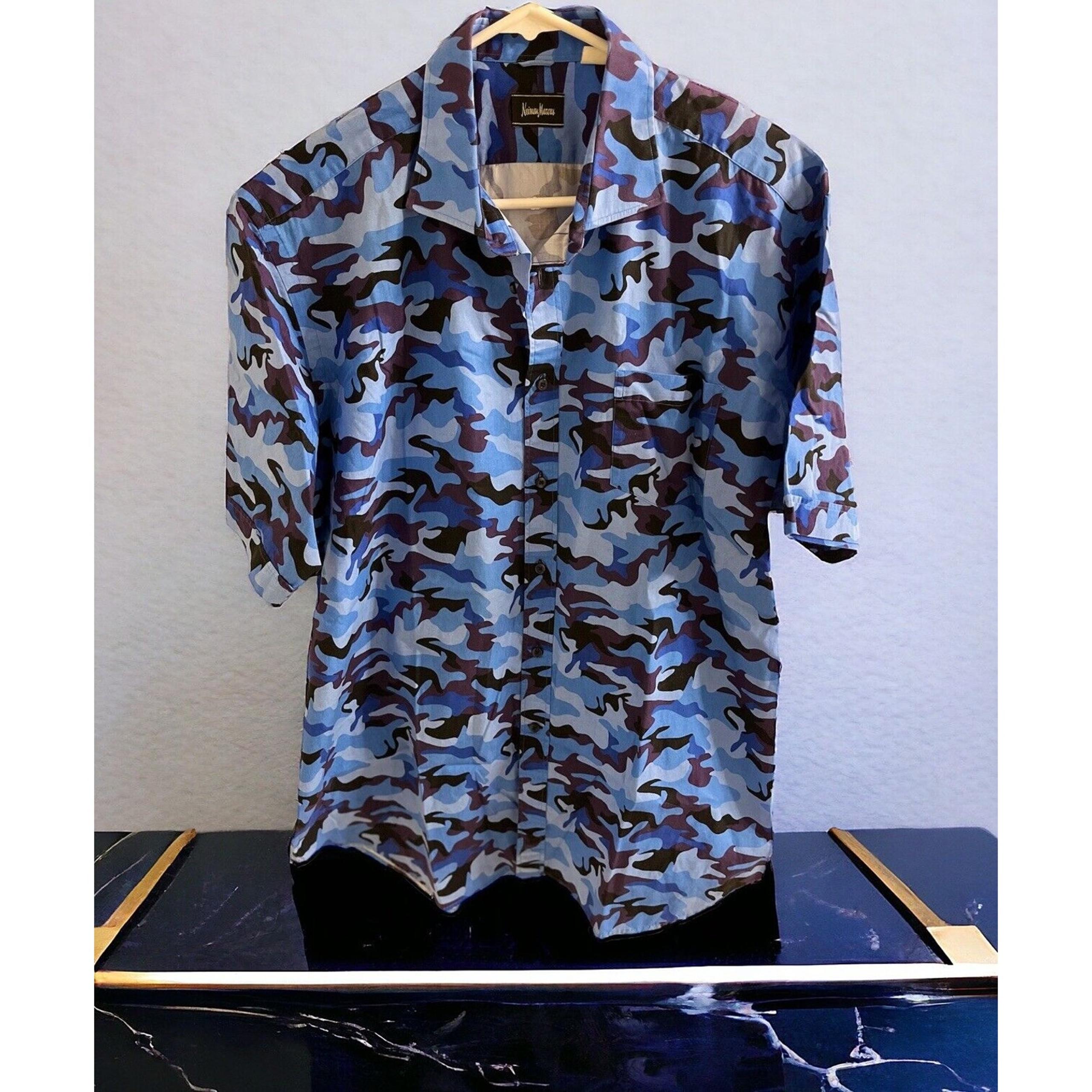 Neiman Marcus Collection Blue Camo Short Sleeve Button Down Shirt Mens Sz XL