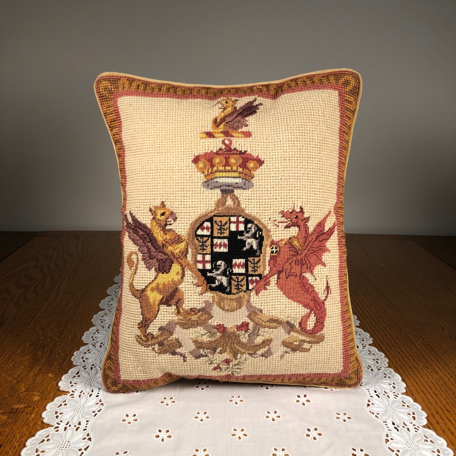 Vintage needlepoint decor throw pillow with dragons RARE