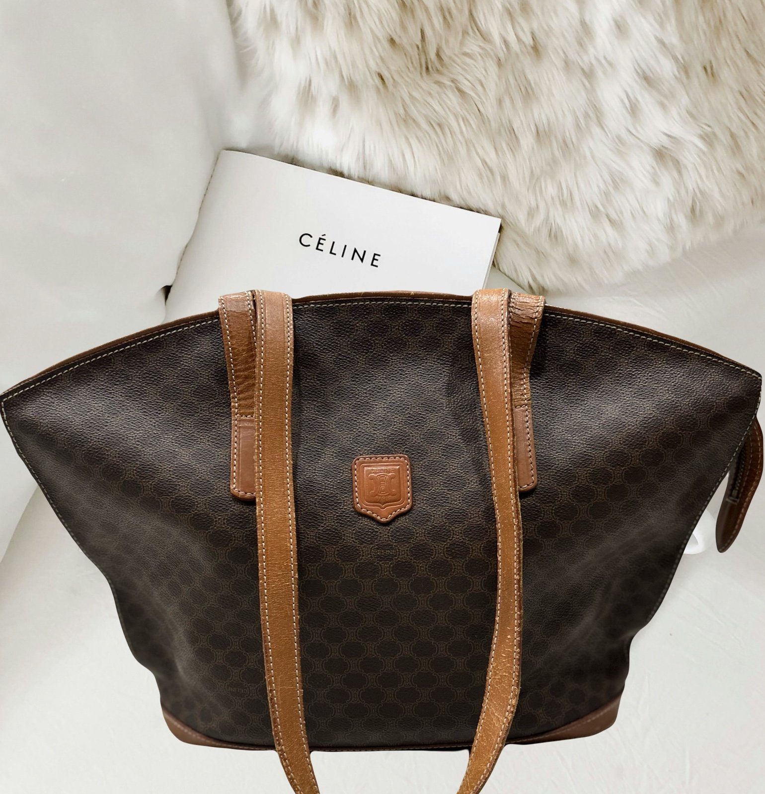 Celine Authentic Large Brown Macadam Shoulder Bag,