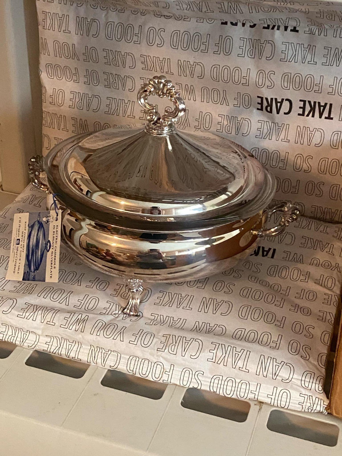 Vintage silver casserole warmer with lid and Pyrex insert
