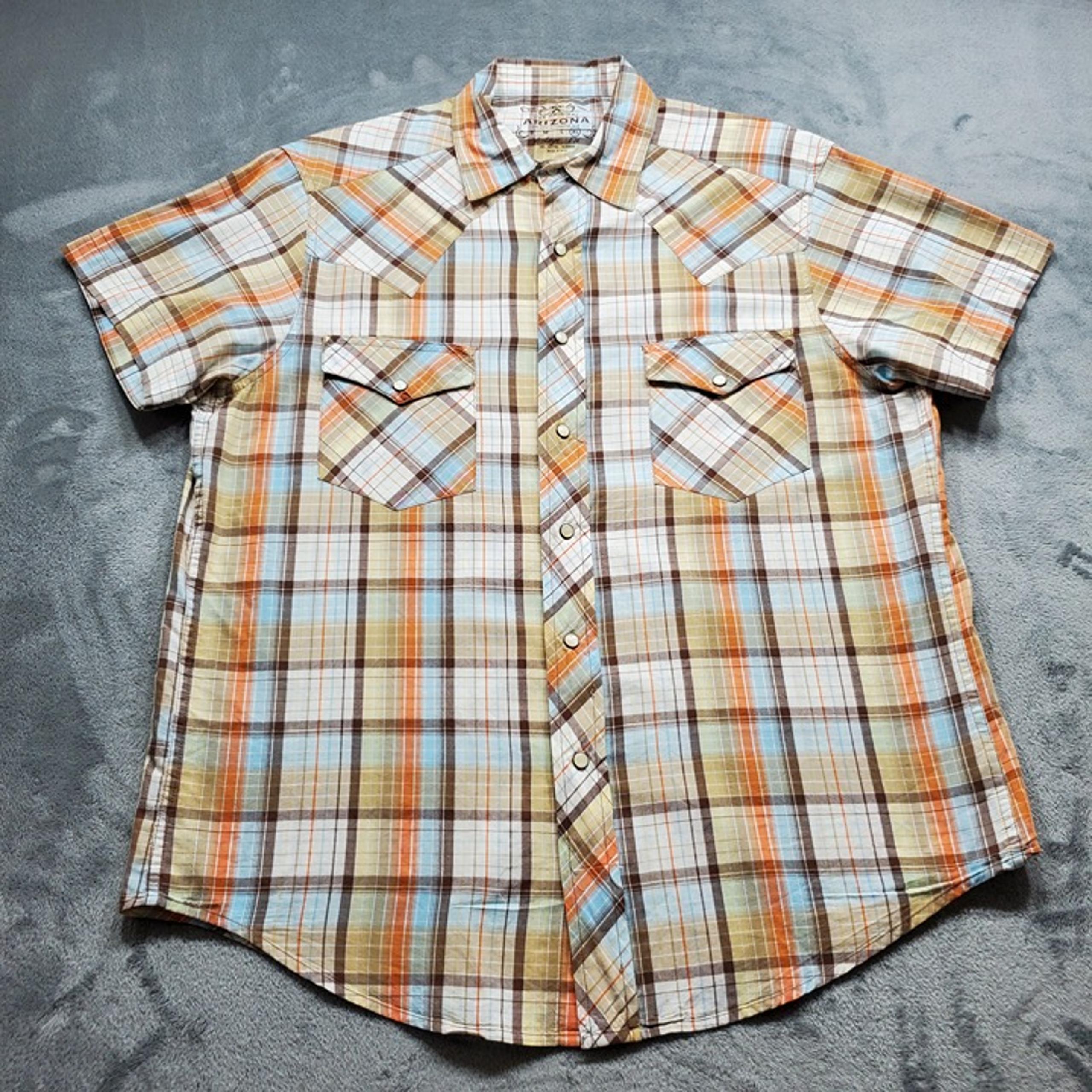 Arizona Jean Company Pearl Snap Plaid Shirt Orange Blue Tan Brown Men Sz XL