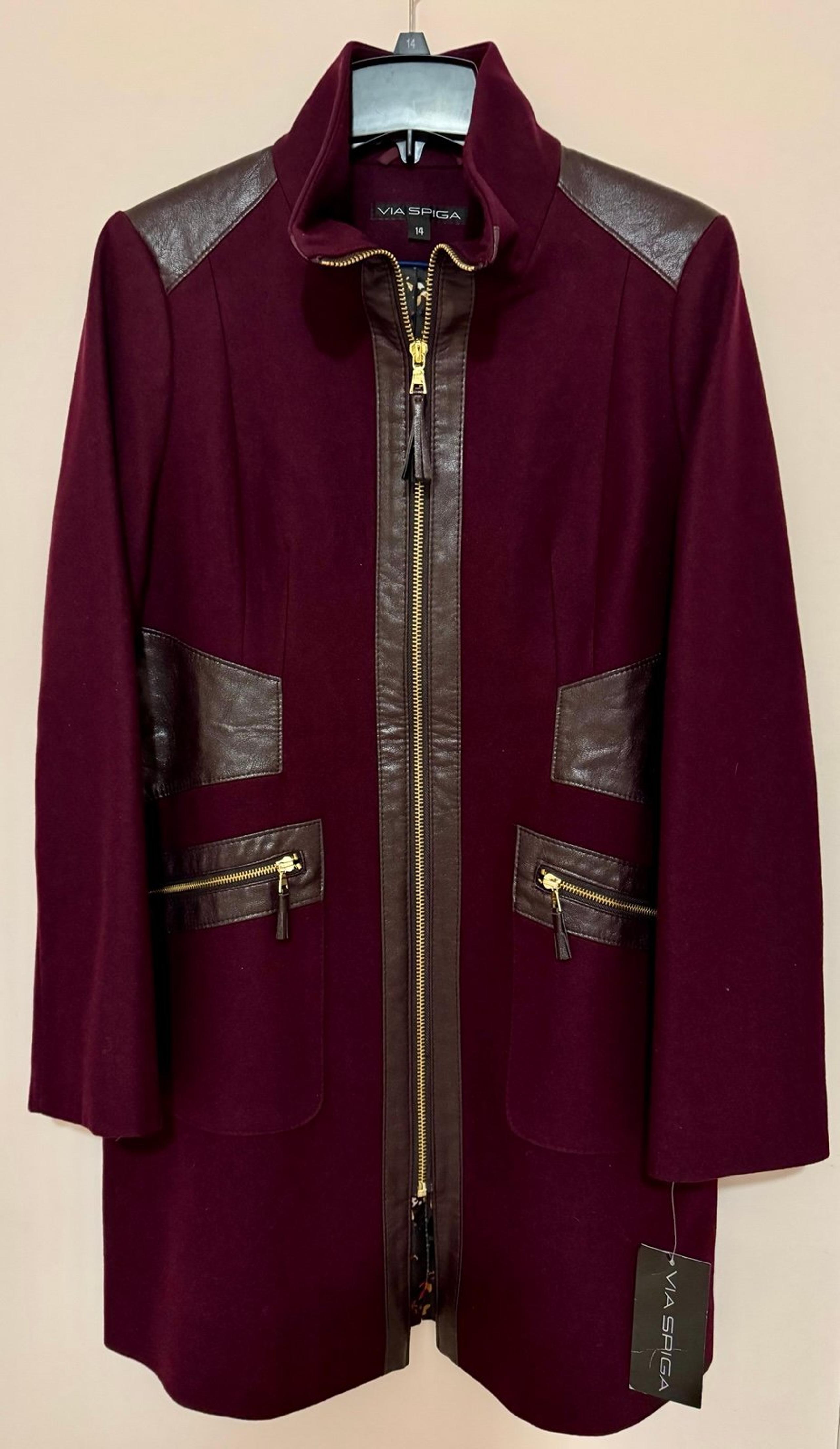 NWT VIA SPIGA Brandy Mixed Media Wool Faux Leather Full Zip Coat Size 14
