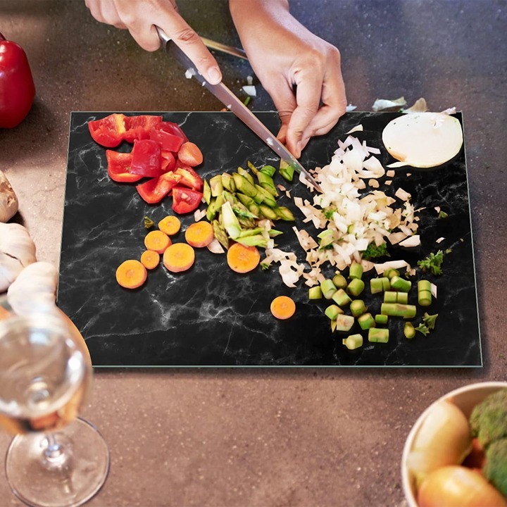 Glass Cutting Board for Kitchen, 16 x12 Black Marble Pattern Glass Cutting