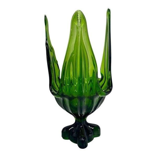 Vintage Viking Glass Vase Green Handkerchief 4 Toed Pedestal Hand-Blown 9 READ