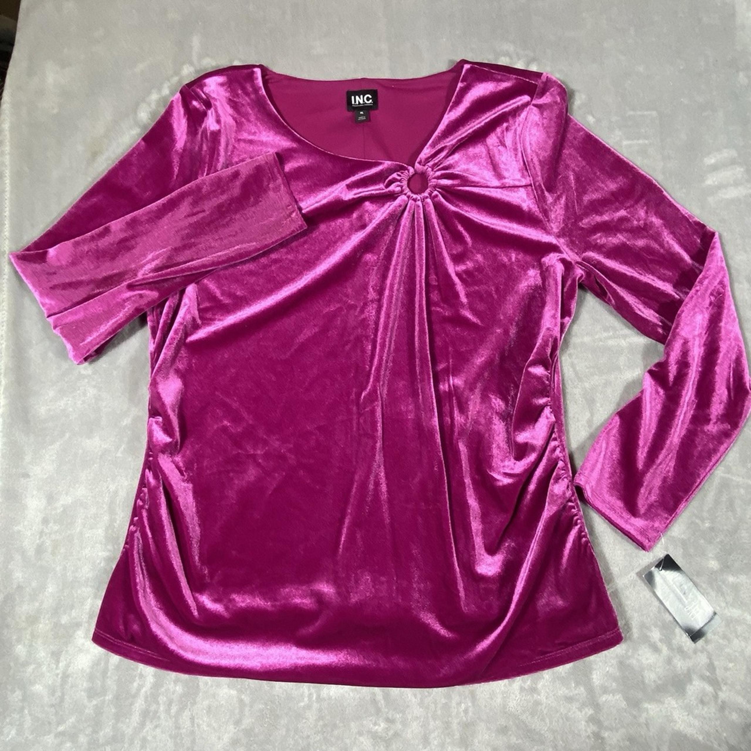 I.N.C. International Concepts XL Women's Velvet Ruched Top HOT Pink Long Sleeve