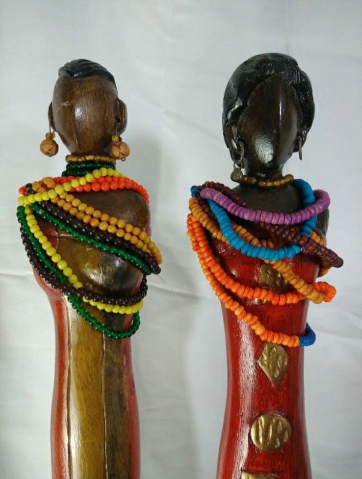 27 Tall Hand Carved Wood Tribal Figurines With Beads and Earrings, India