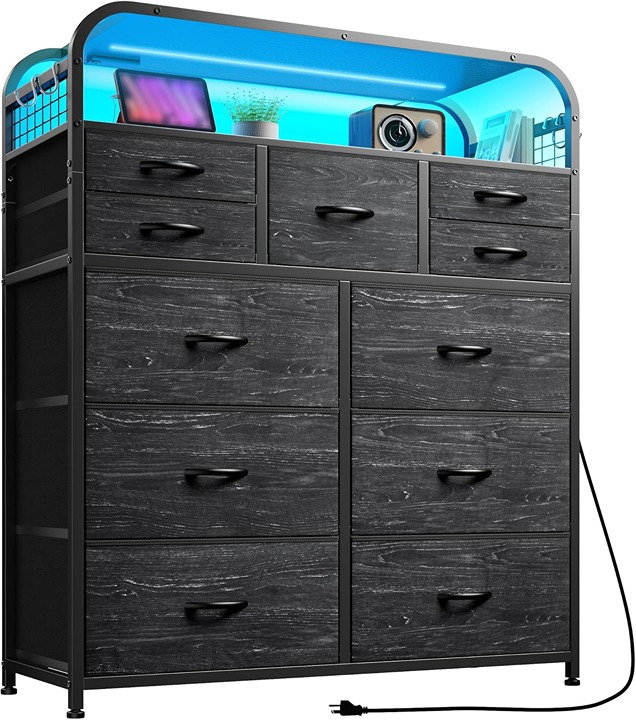 Dresser with LED Lights & Charging Station, 2 Tier Shelves & 4 Hooks