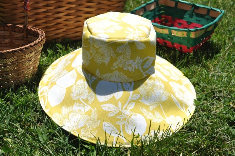 Handmade Yellow Floral Print Women's Sun Hat Wide Brim Hat Summer Hat One
