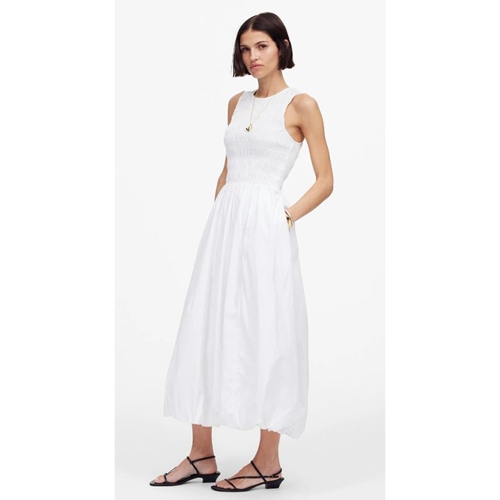 Madewell The Melody Bubble-Hem Smocked Midi Dress in Poplin Size Small White NWT