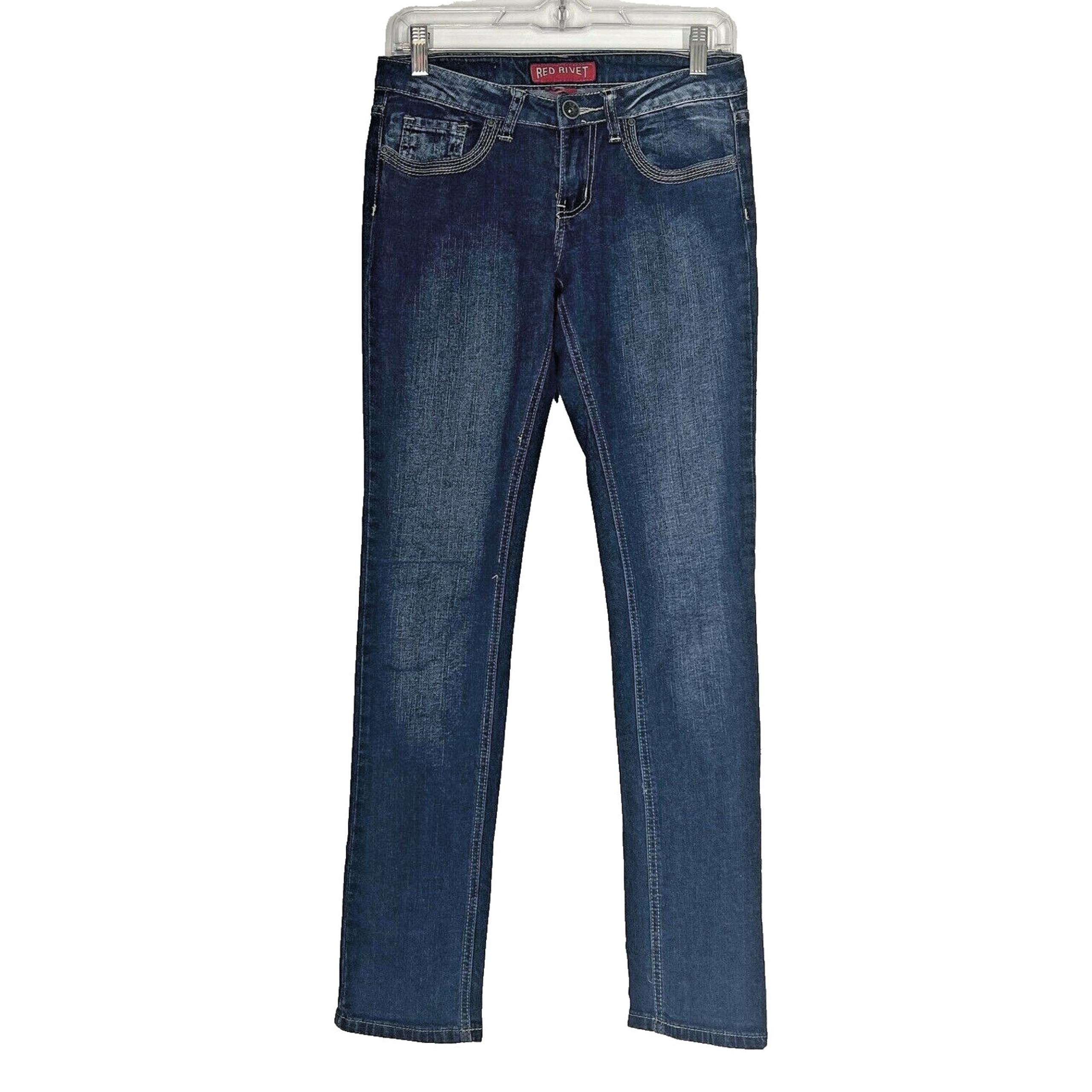 Red Rivet Skinny Jeans Womens 4 Blue Denim Embellished Rhinestones Pocket retro