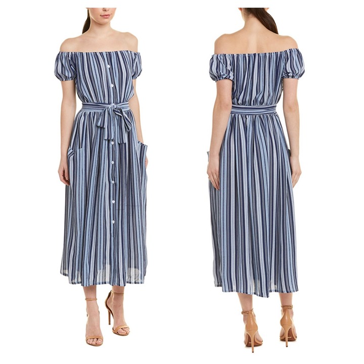 Nisha Outi NWT 168 Midi Dress in Blue Stripe Off-the-Shoulder Women's Sz M/6