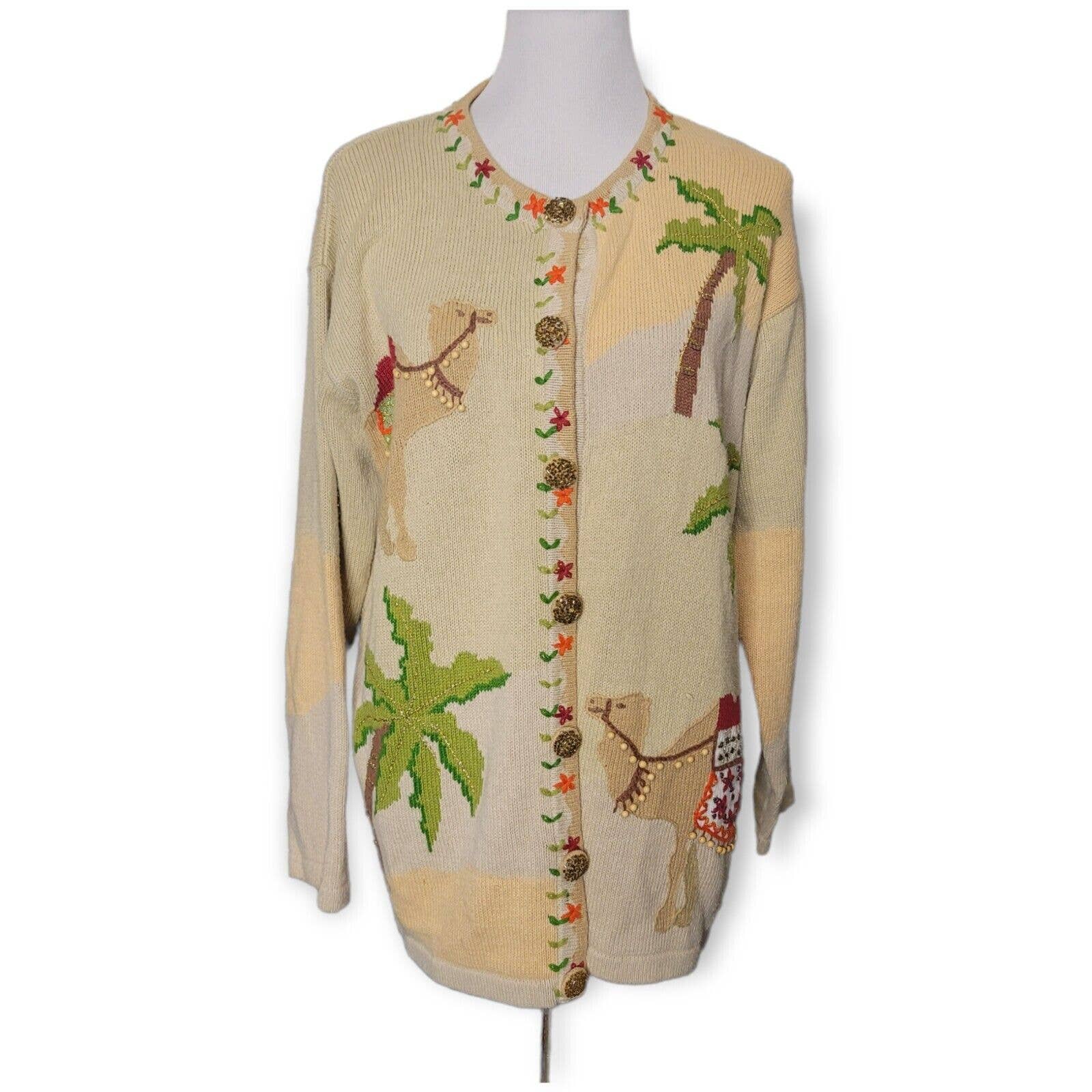 Storybook Knits Camel Desert Holiday Cardigan Sweater Embroidered Brown Size L