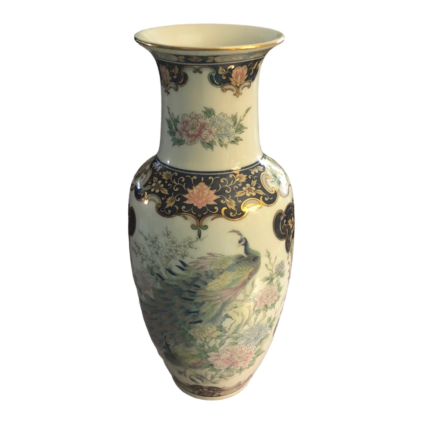 TOYO Japanese Porcelain 60s Decorative Vase Peacock Motif Cherry Blossom Pastels