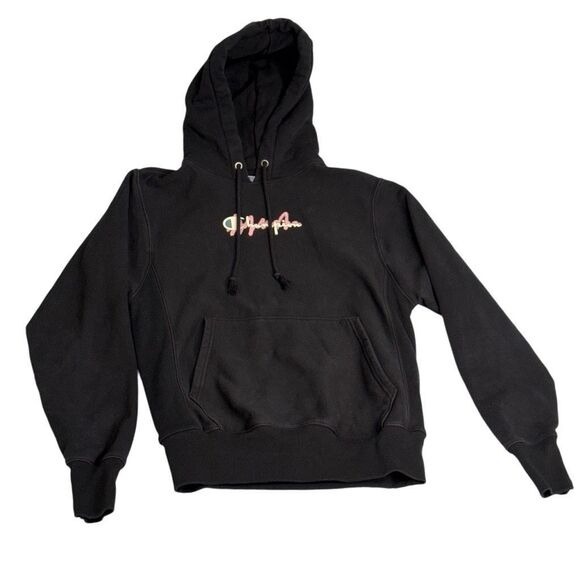 Champion Reverse Weave Mens Black Y2K Spell Out Hoodie Sweatshirt Size Small.