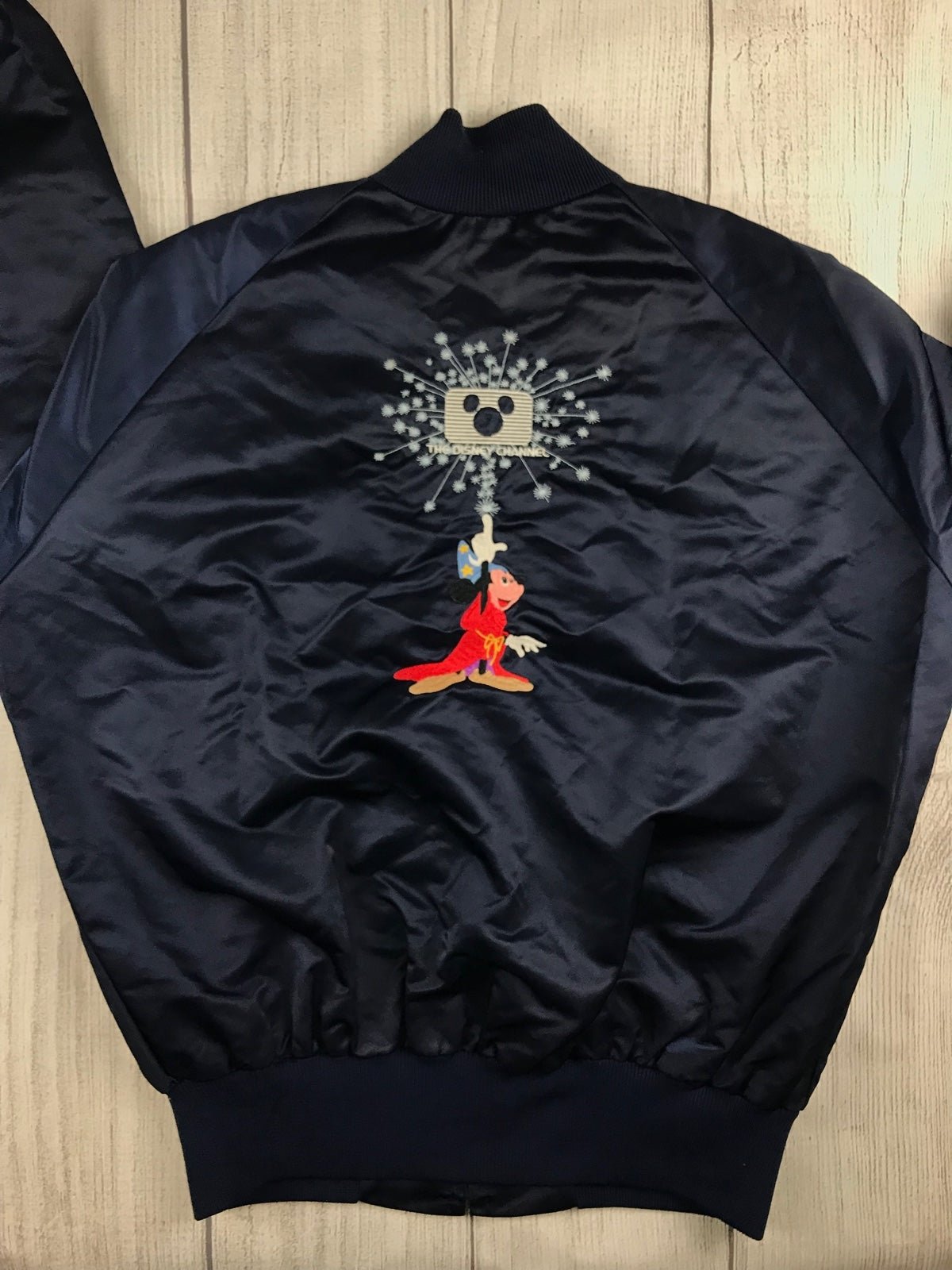 VGC! VTG Disney Channel Satin Bomber Jacket Fantasia Mickey USA Navy *Sz Medium