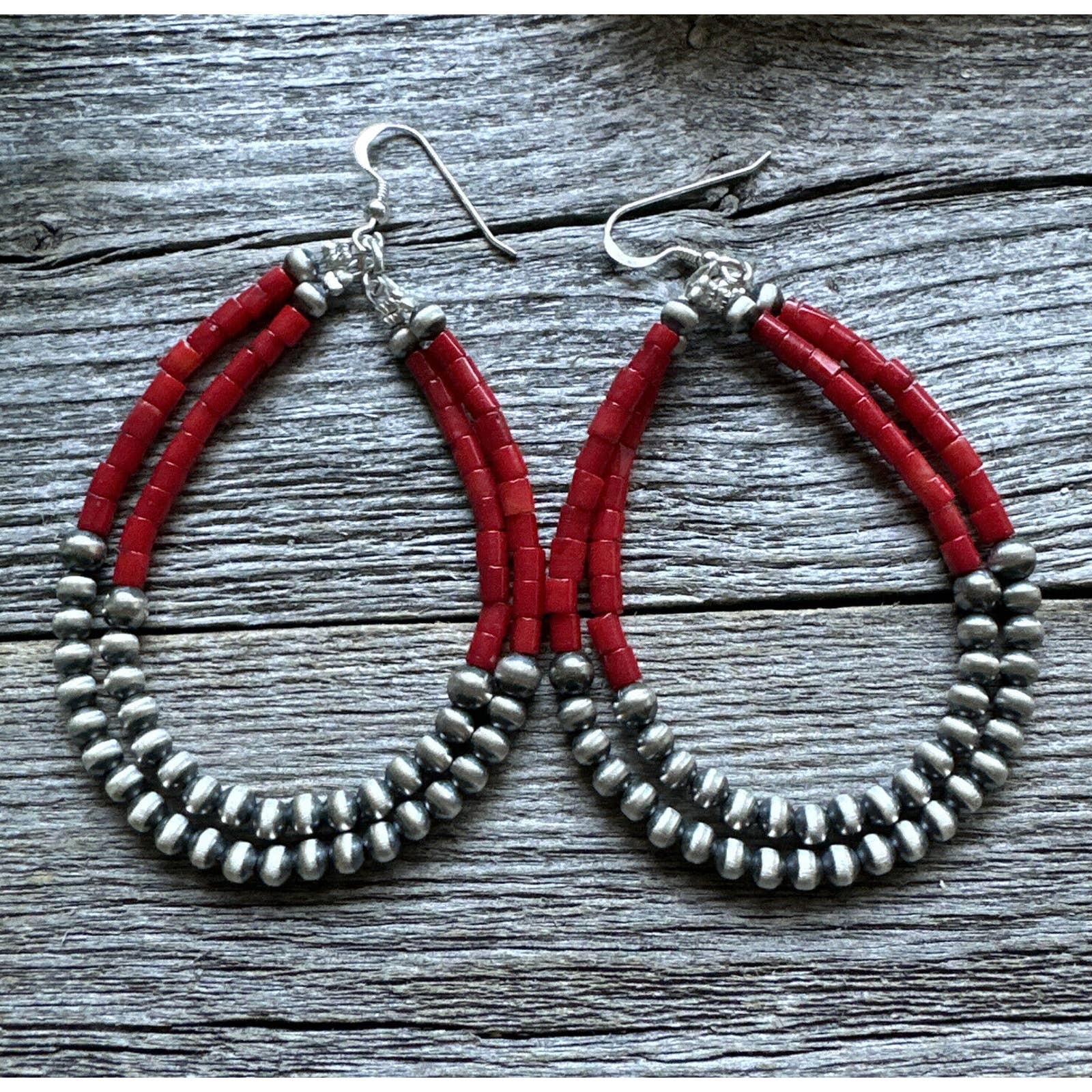 Sterling Silver Double Loop Red Coral Pearls Hoop Earrings.