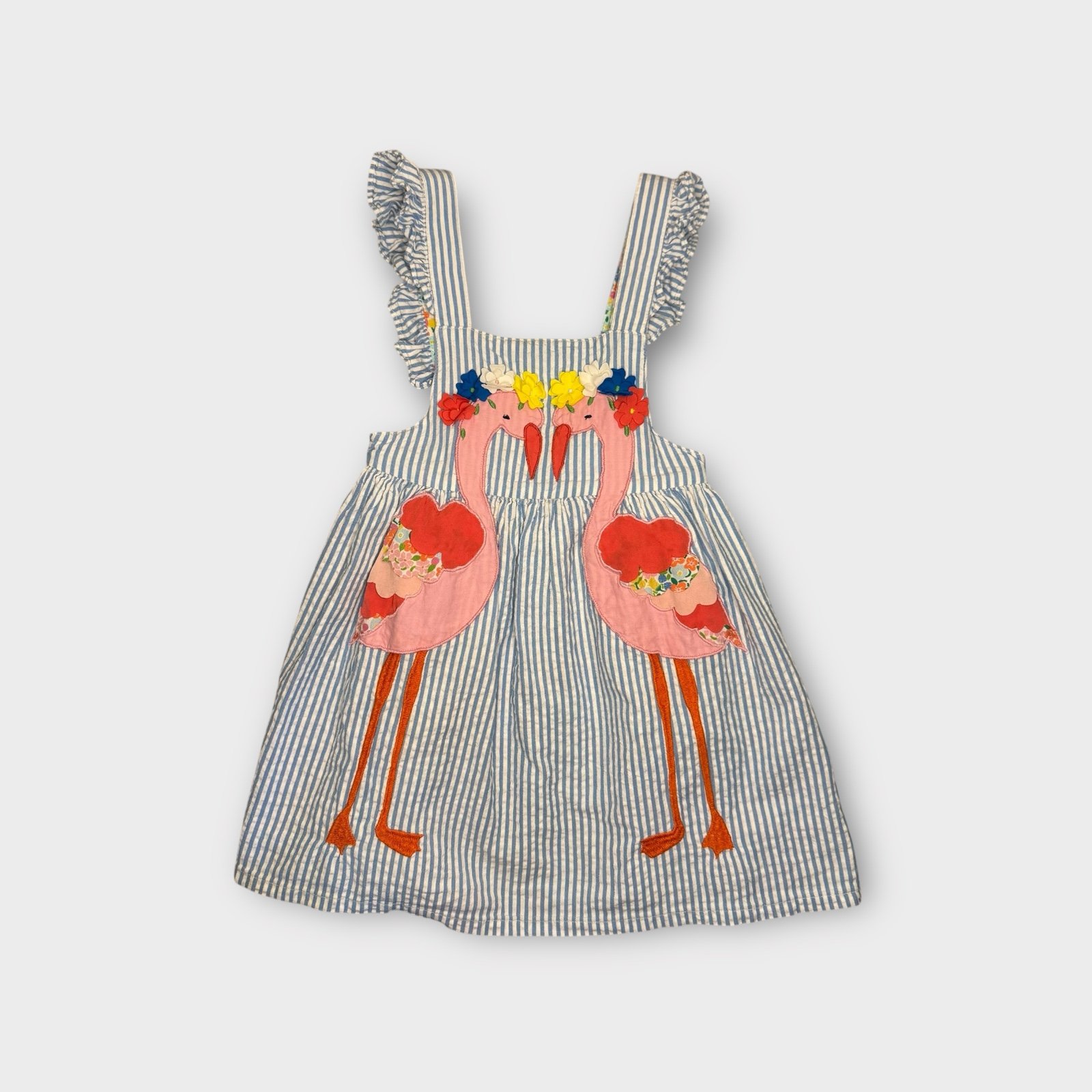Mini Boden Flamingo Floral Applique Stripe Pinafore Dress