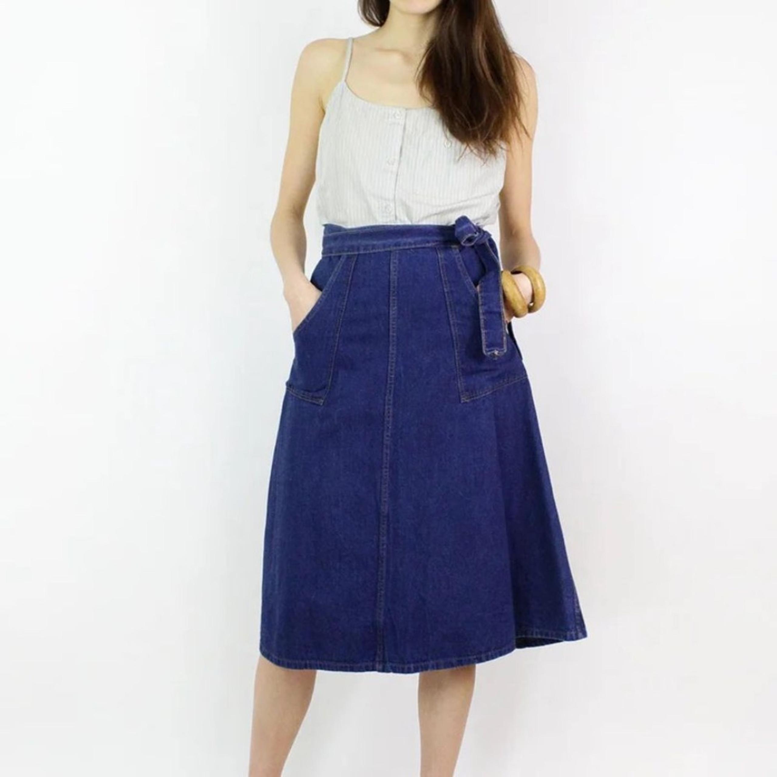 VTG 70’s Madewell Midi Denim Wrap Flare Skirt M 100% Cotton Blue Apron Pockets