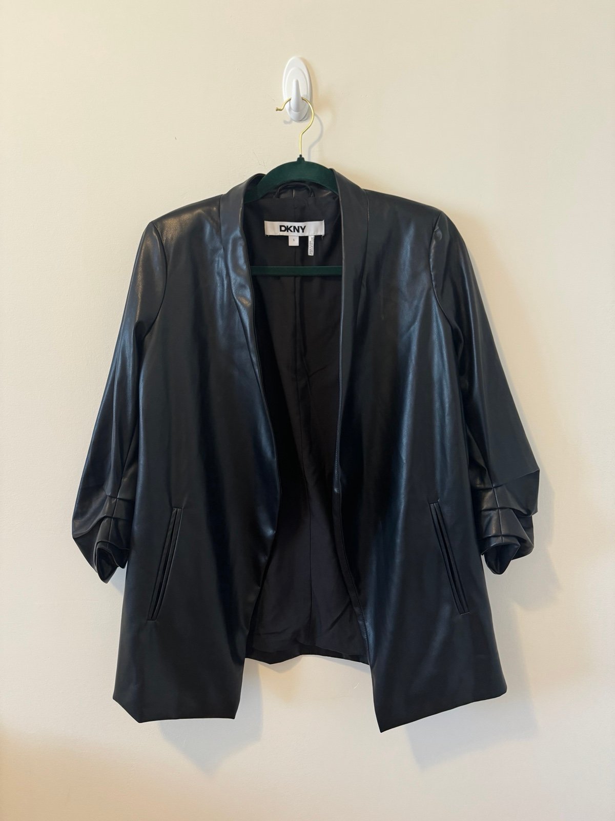 DKNY faux leather ruched sleeve jacket