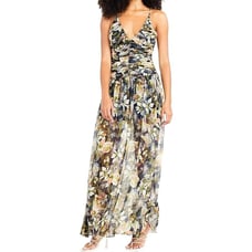 Tanya Taylor Dress Women 00 Black Floral Print Linen Silk Ruched Lovette Maxi