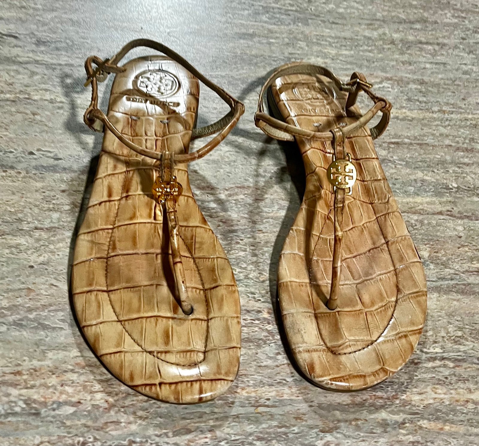 Tory Burch thong tan and gold strapped leather Sandals