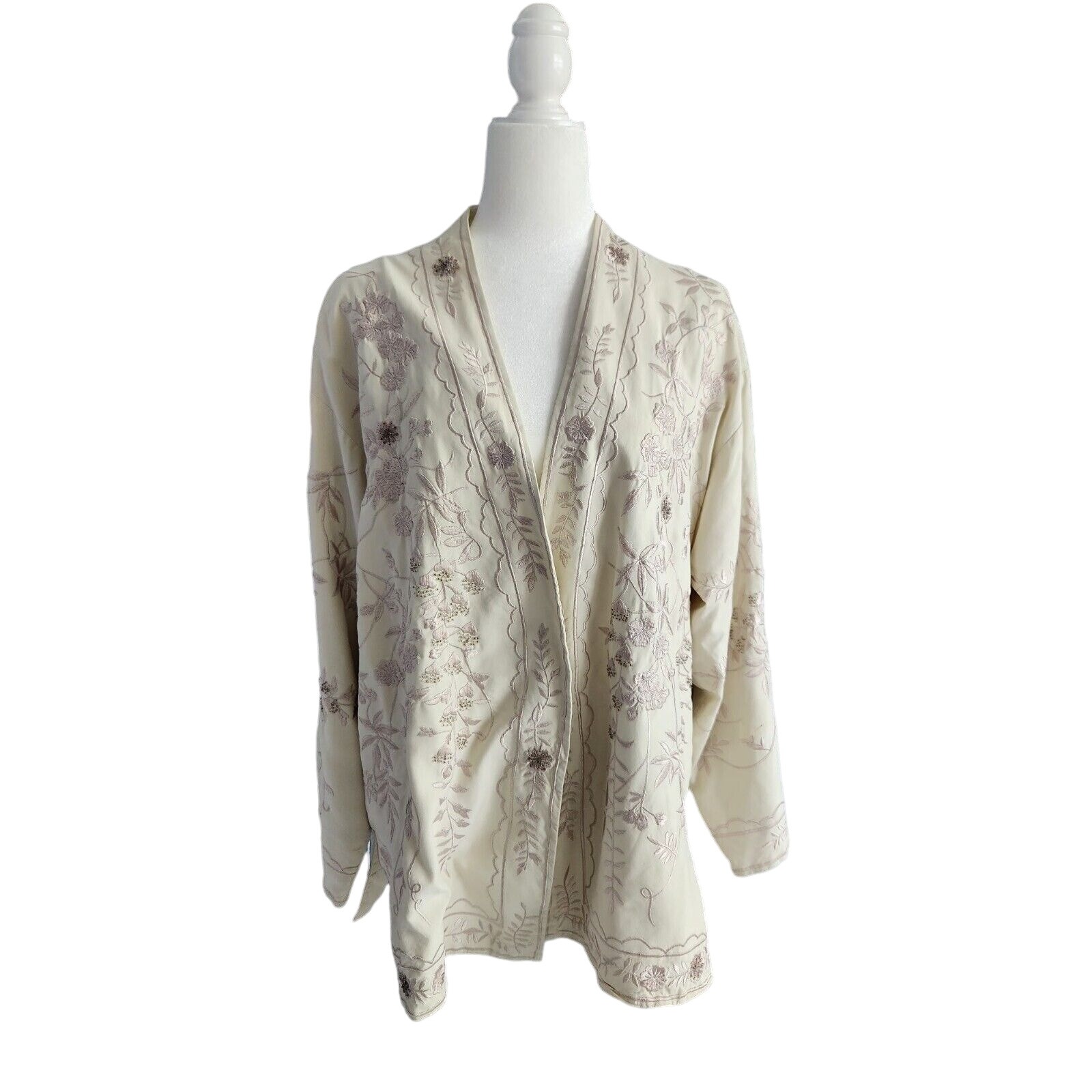 East Silk Short Kimono Duster Jacket Cardigan Embroided Beads 10 Ivory