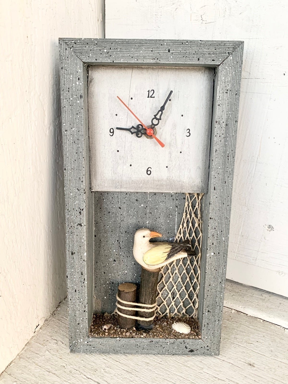 Shadow Box Clock Seagull Seashell Beach Scenery Wooden Wall Hanging Decor