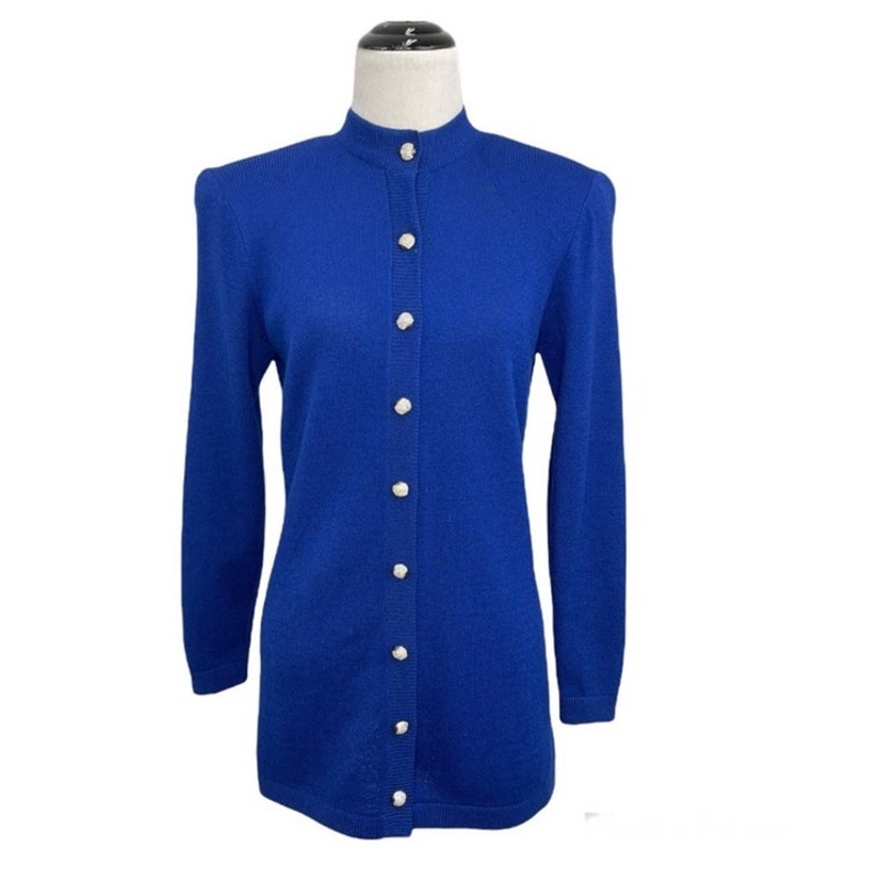 St. John For Neiman Marcus Royal Blue Santana Knit Mock Neck Cardigan Sweater 4