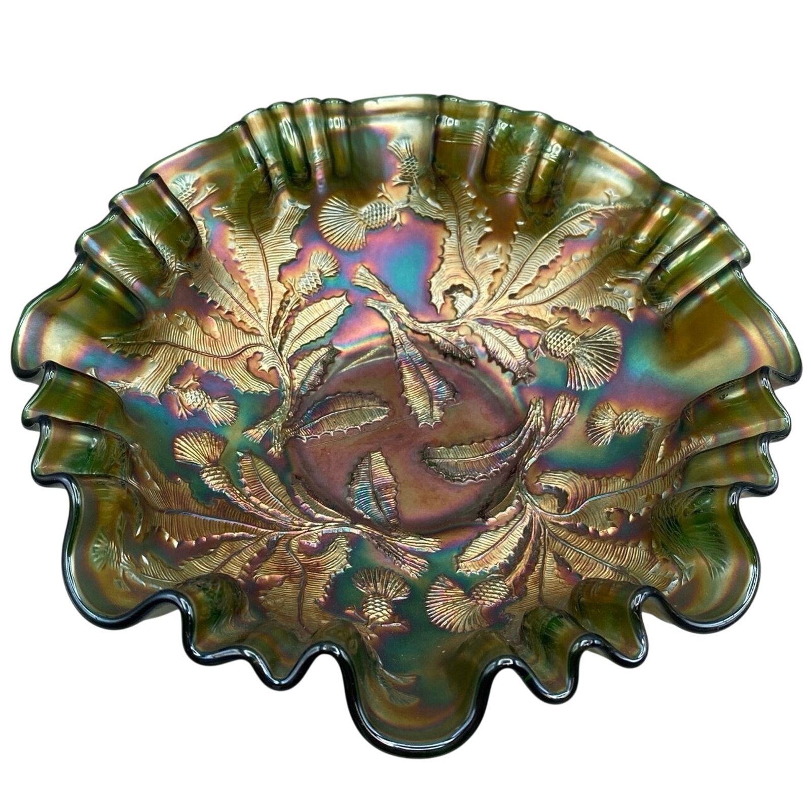 Fenton Carnival Bowl Thistle Pattern Colorful Iridescent Ruffled Green Base